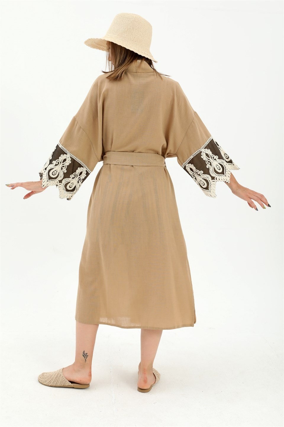 Isawella Kolları Dantelli Keten Kimono - Vizon görsel 6