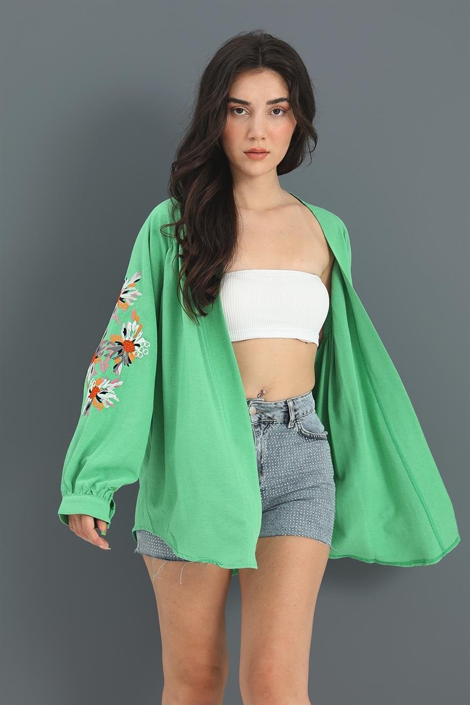 Isawella Kimono Reglan Kol Nakışlı Keten - Fuşya görsel 7