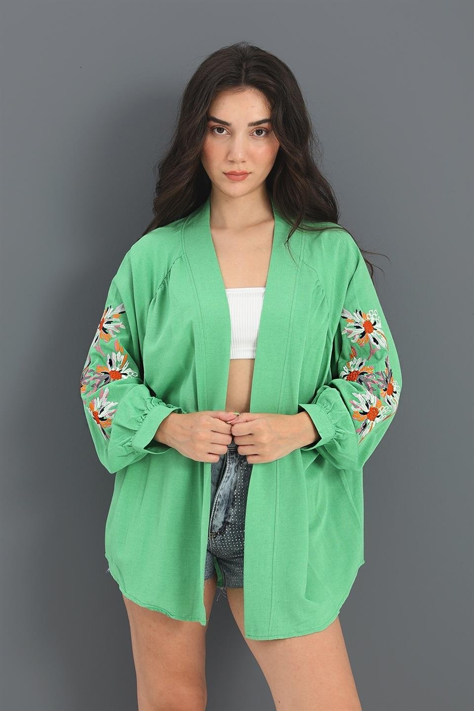 Isawella Kimono Reglan Kol Nakışlı Keten - Fuşya görsel 8