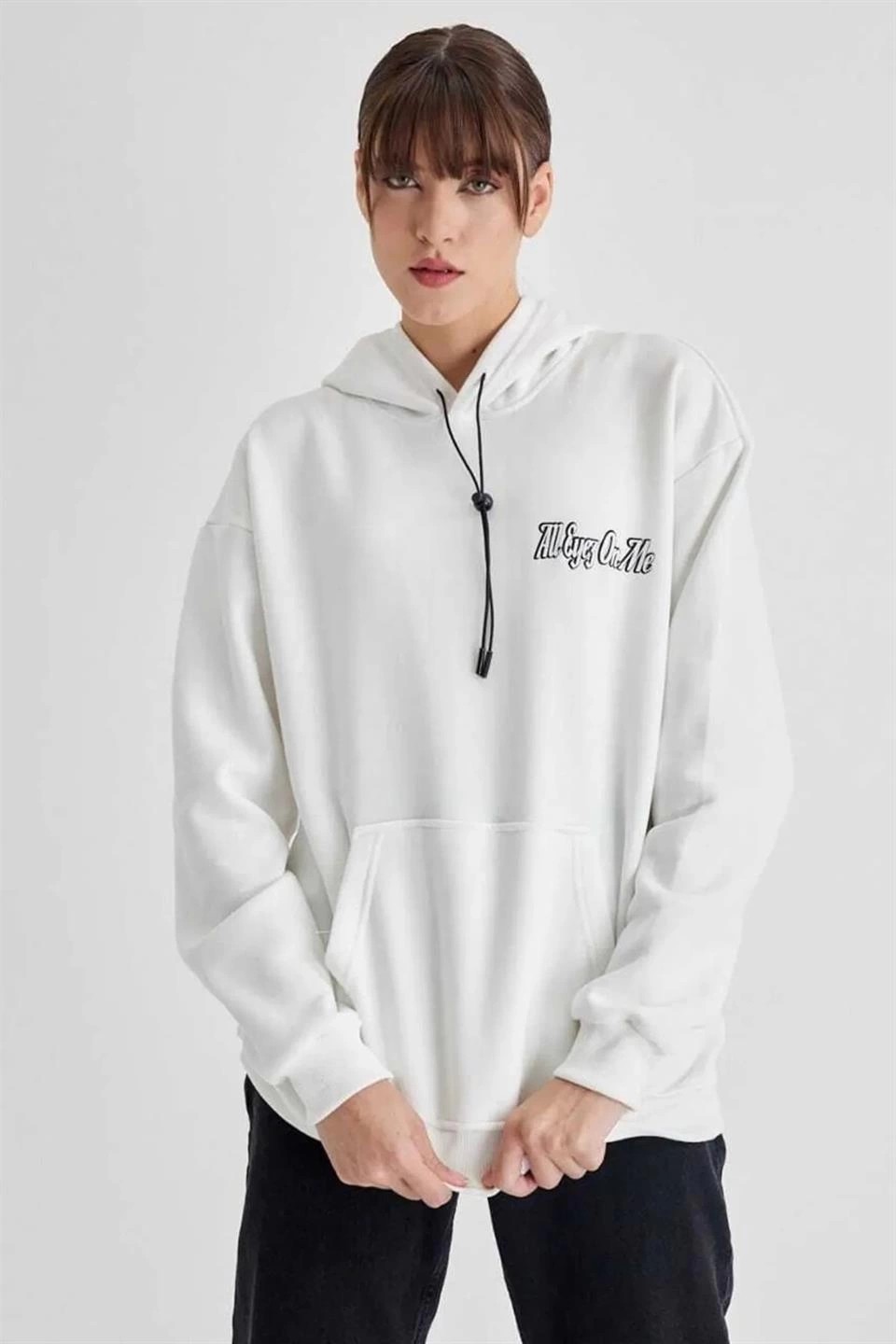 Tarz Yeri Kadın Oversize Kapüşonlu Cepli Tupac Baskılı 3 Iplik Pamuklu Hoodie Sweatshirt - Beyaz