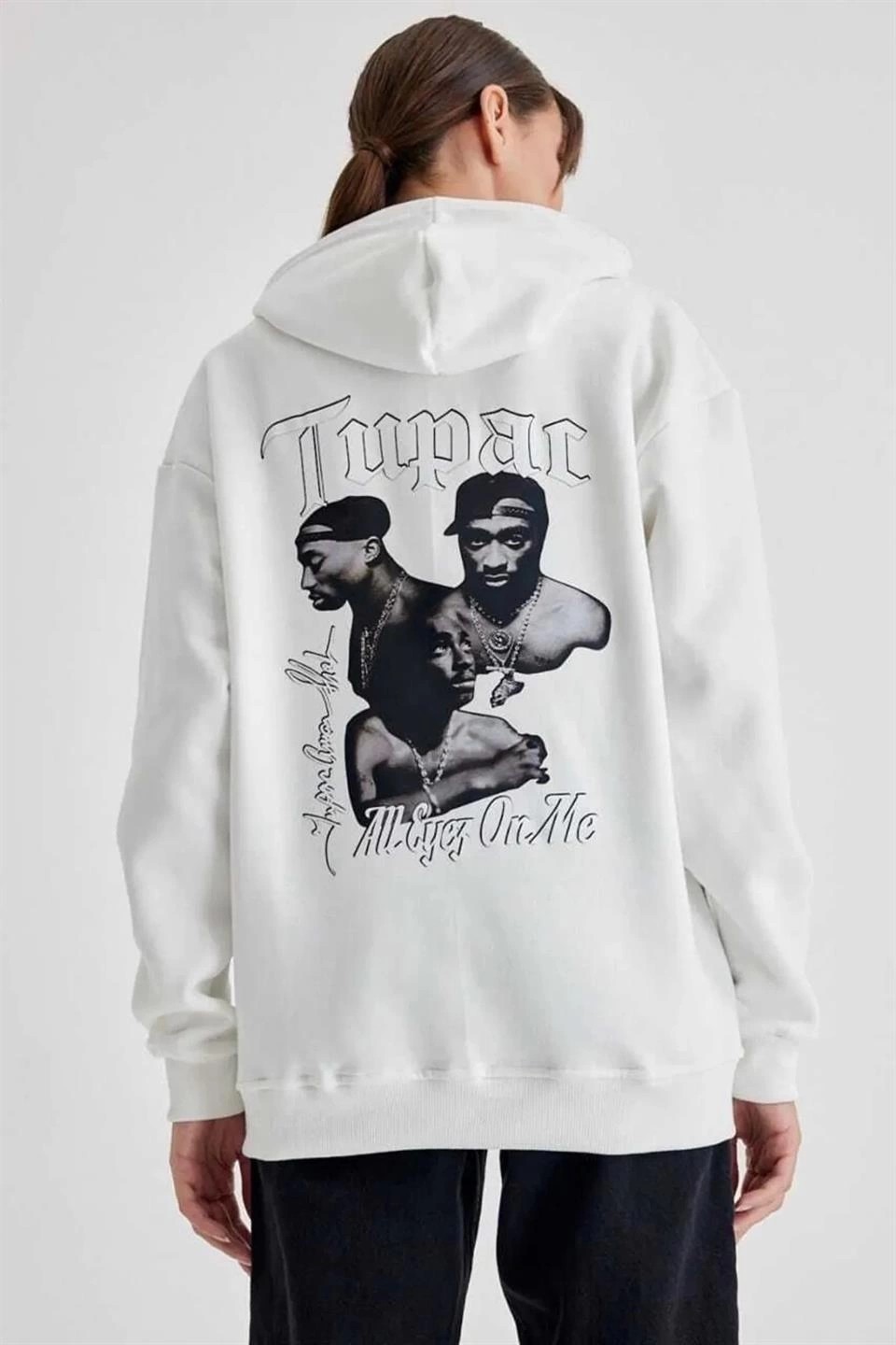 Tarz Yeri Kadın Oversize Kapüşonlu Cepli Tupac Baskılı 3 Iplik Pamuklu Hoodie Sweatshirt - Beyaz görsel 2