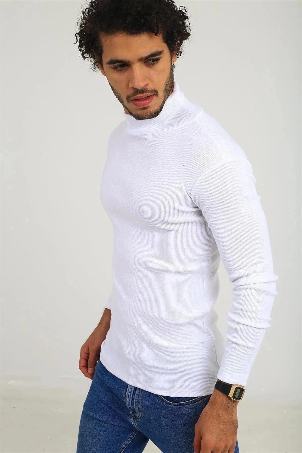 Tarz Yeri Erkek Kaşkorse Boğazlı Full Likralı Fitilli Body Kazak - Beyaz görsel 2