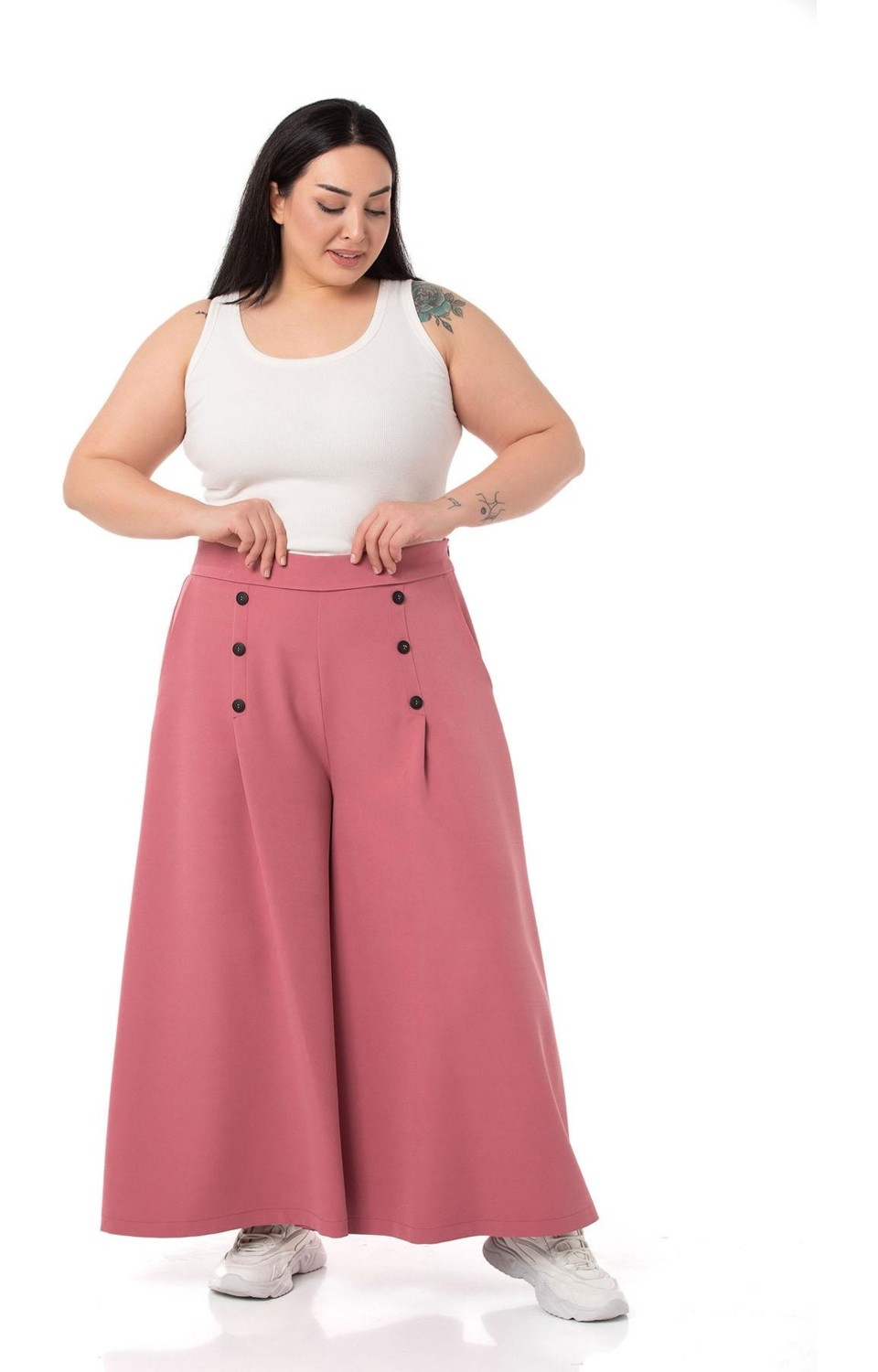 Disentis Modest Büyük Beden Düğme Detaylı Geniş Paça Fermuarlı Bej Rengi Pantolon görsel 7