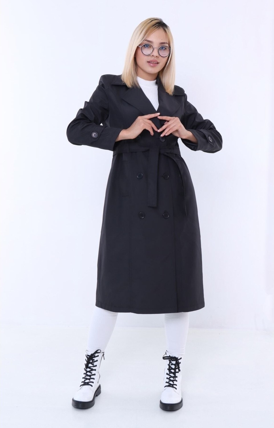 TUTveAL Collection Suya Dayanıklı Trençkot, Kemerli Uzun Kruvaze Trençkot, Trend Trençkot, Mevsimlik , Vizon görsel 2