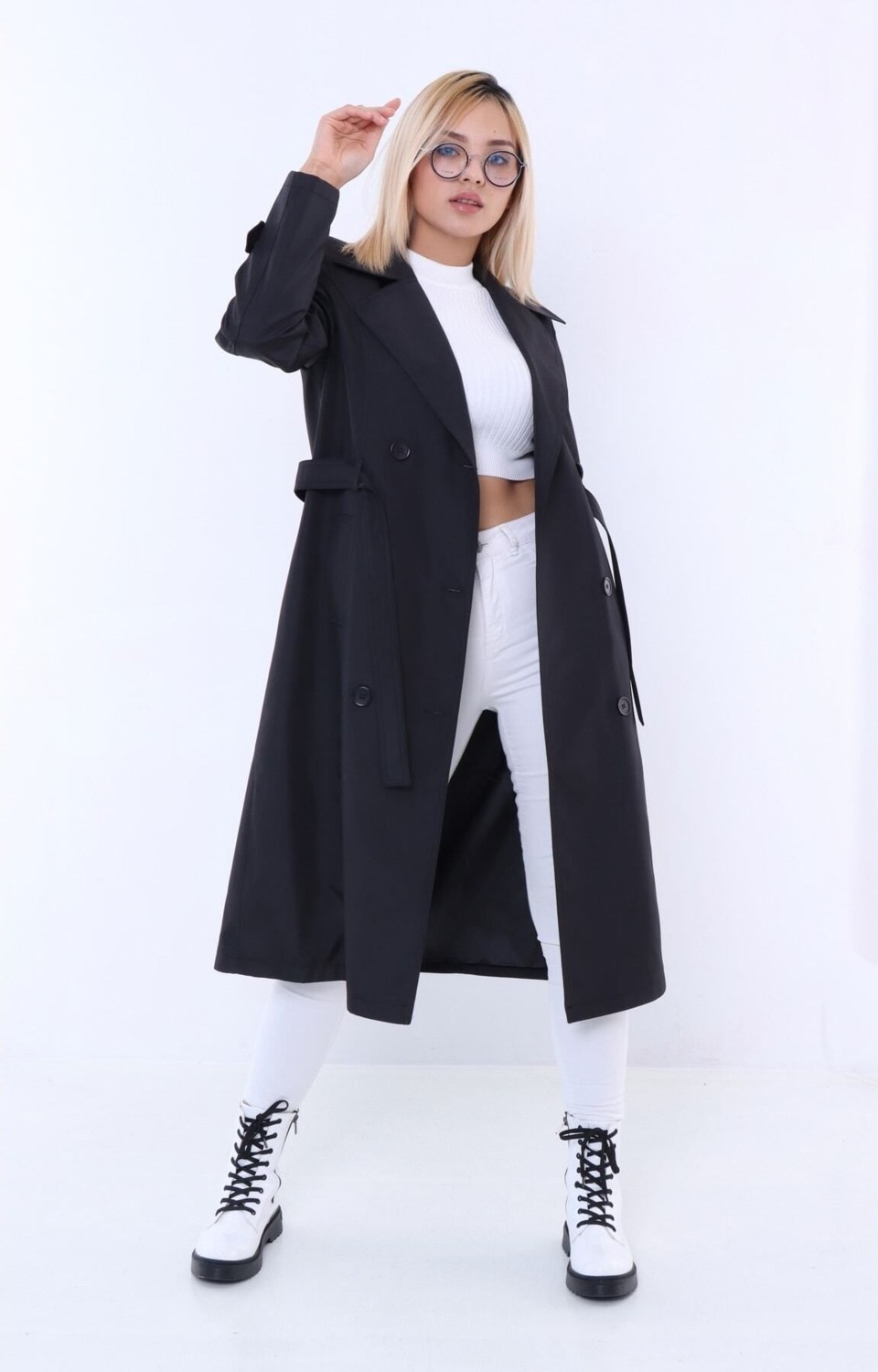 TUTveAL Collection Suya Dayanıklı Trençkot, Kemerli Uzun Kruvaze Trençkot, Trend Trençkot, Mevsimlik , Vizon görsel 3