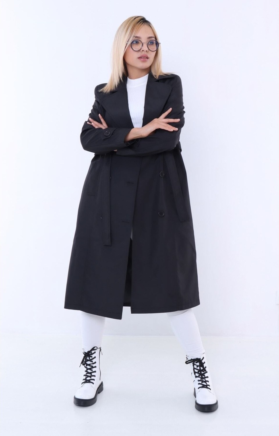 TUTveAL Collection Suya Dayanıklı Trençkot, Kemerli Uzun Kruvaze Trençkot, Trend Trençkot, Mevsimlik , Vizon görsel 4
