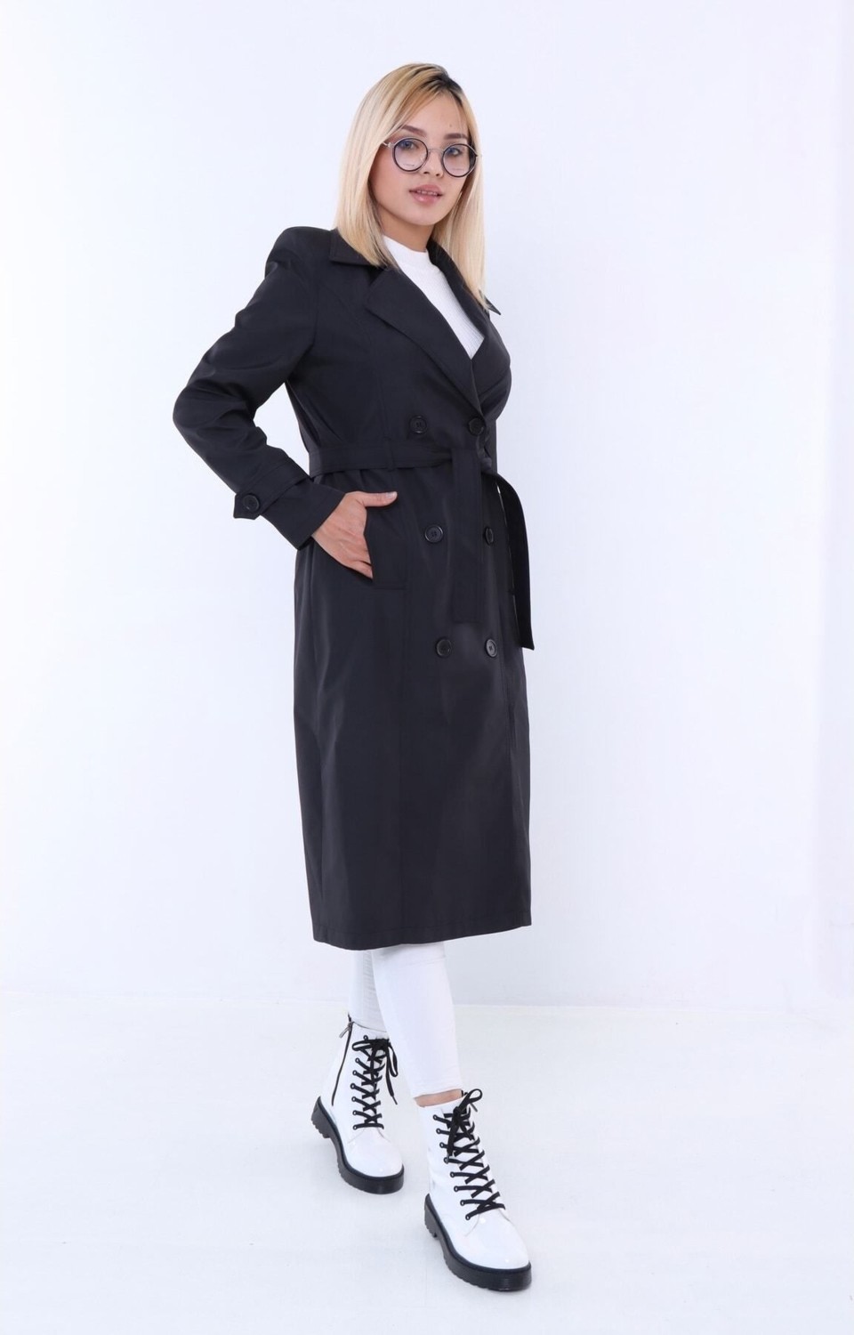 TUTveAL Collection Suya Dayanıklı Trençkot, Kemerli Uzun Kruvaze Trençkot, Trend Trençkot, Mevsimlik , Vizon görsel 5