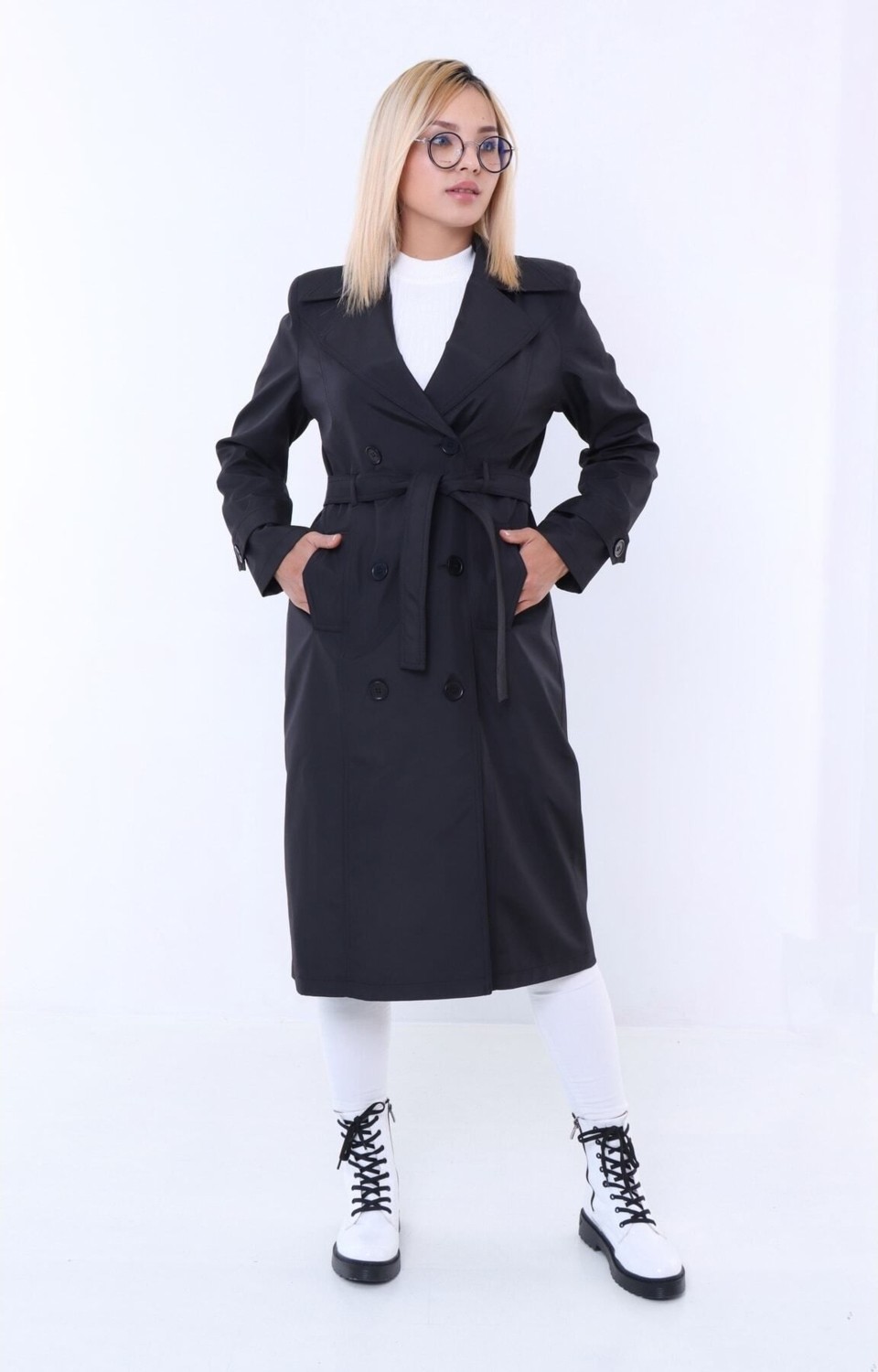 TUTveAL Collection Suya Dayanıklı Trençkot, Kemerli Uzun Kruvaze Trençkot, Trend Trençkot, Mevsimlik , Vizon görsel 6