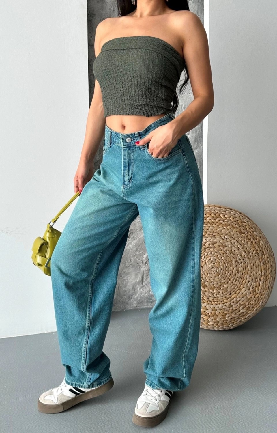 OEY Fashions Baggy Taş Enzim Bıyık Yıkama Jeans Pantolon Yeşil Tint D2007