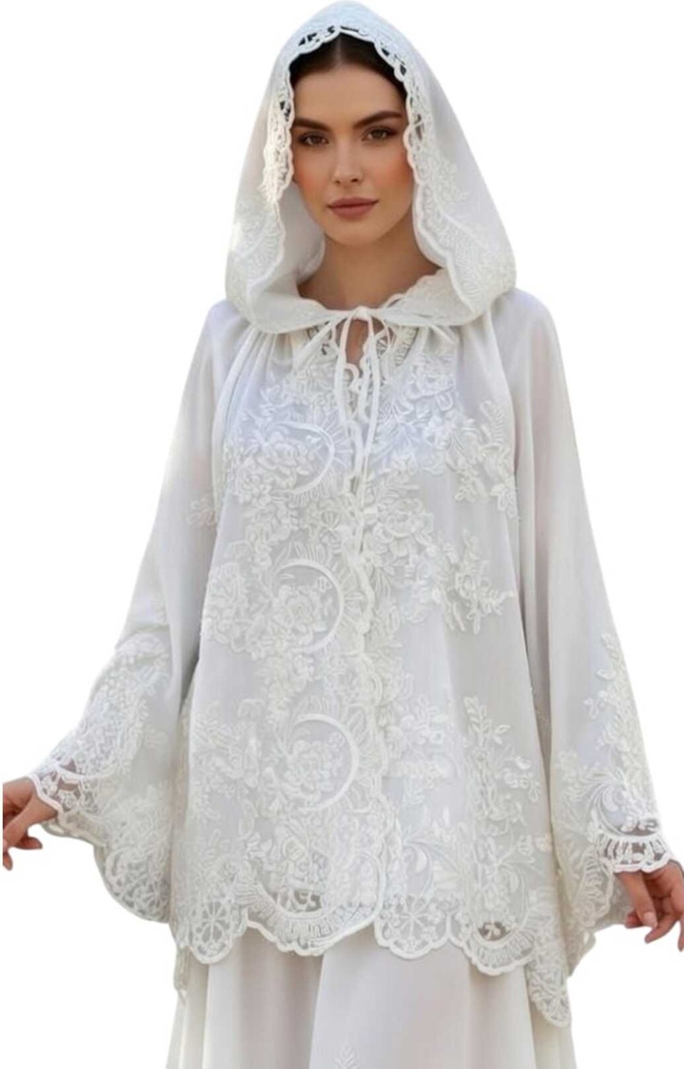 Moda Nur Bolero, Kapşonlu Pelerin, Kalın Şifon Kumaş ,kırık Beyaz Renk Pelerin, Gelin Bolero görsel 2