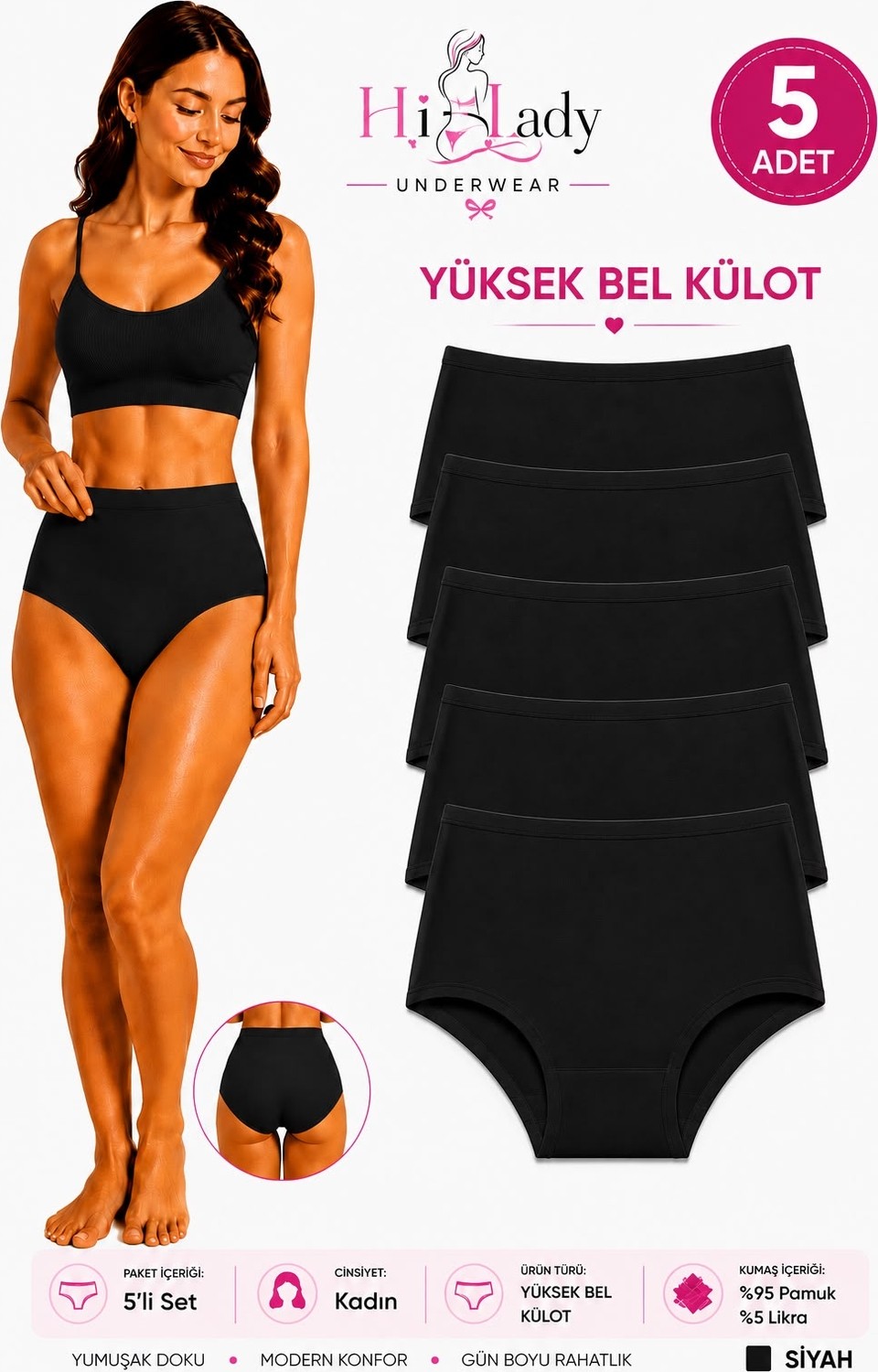 Hilady Kadın Külot 5'li Paket Yüksek Bel Külot Koyu Soft, Likralı Pamuklu Kumaş