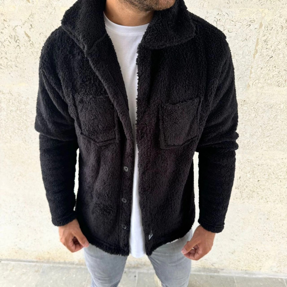 Gökyüzü Moda Erkek Pelüş Polar Hırka Gömlek, Yakalı, Ilik Düğmeli, Göğüs Cepli, Yumuşak Dokulu Kışlık Regular Fit Rahat Günlük Model - Siyah görsel 3