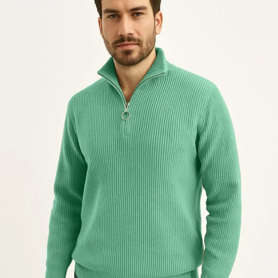 Çamaşır Kenti Erkek Fitilli Triko Kazak 2’li Set, Mint Yeşili Siyah, Kalın Dokuma Pamuklu Regular Fit V Yaka Fermuarlı Uzun Kollu Rahat Kışlık Kazak Kombini görsel 4