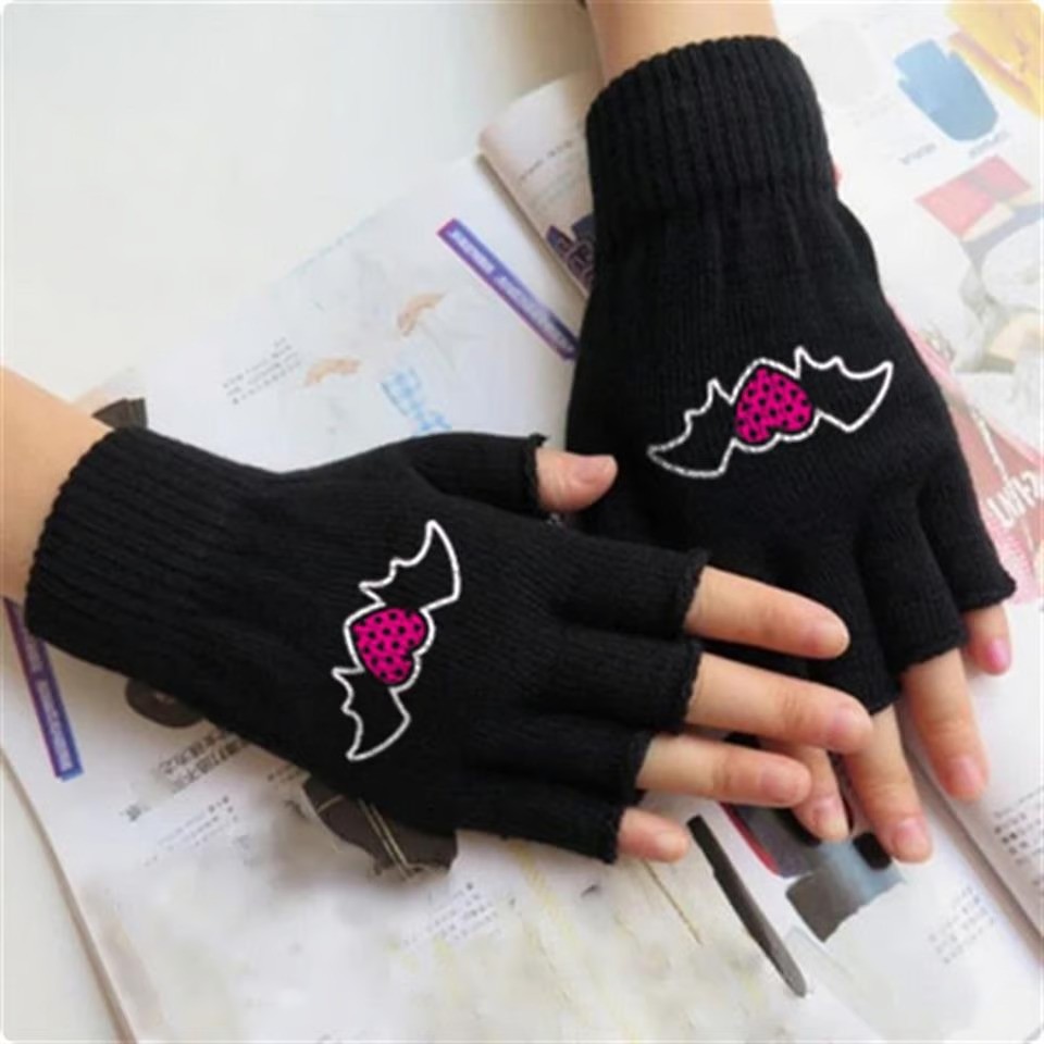 Dükkan Hediyelik Heart In Bat Baskılı Unisex Siyah Kesik Çift Eldiven