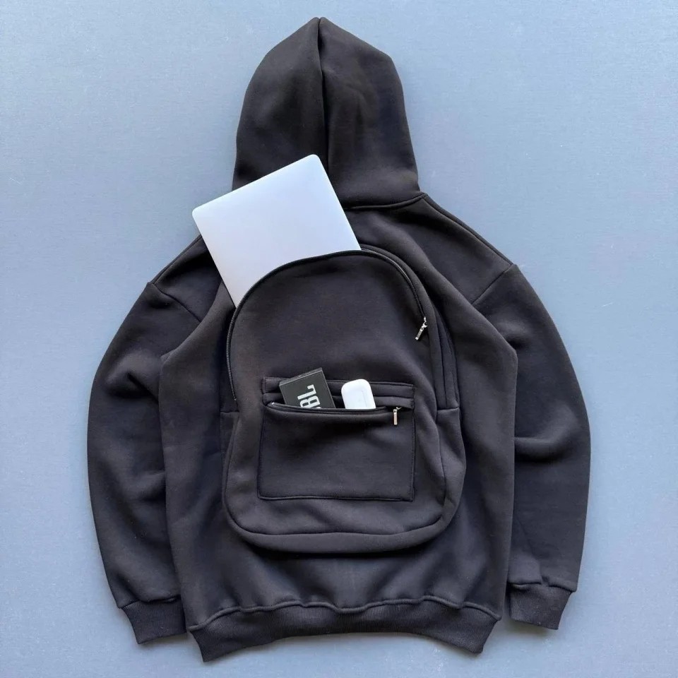 Beruflic 3 Iplik Şardonlu Tam Fermuarlı Kapüşonlu Arka Çanta Detaylı Sweatshirt - Siyah görsel 2
