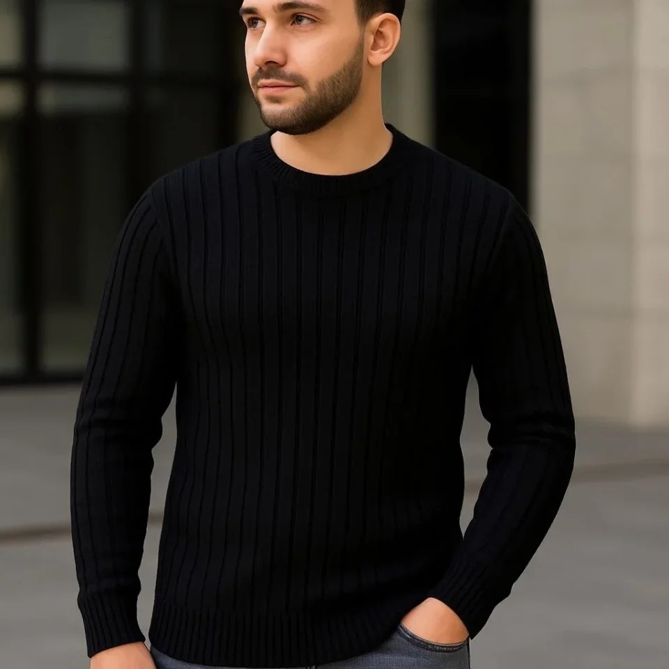 Civetta Erkek Fitilli Triko Kazak 2’li Set Siyah Saks Mavisi Kalın Dokuma Pamuklu Regular Fit görsel 4