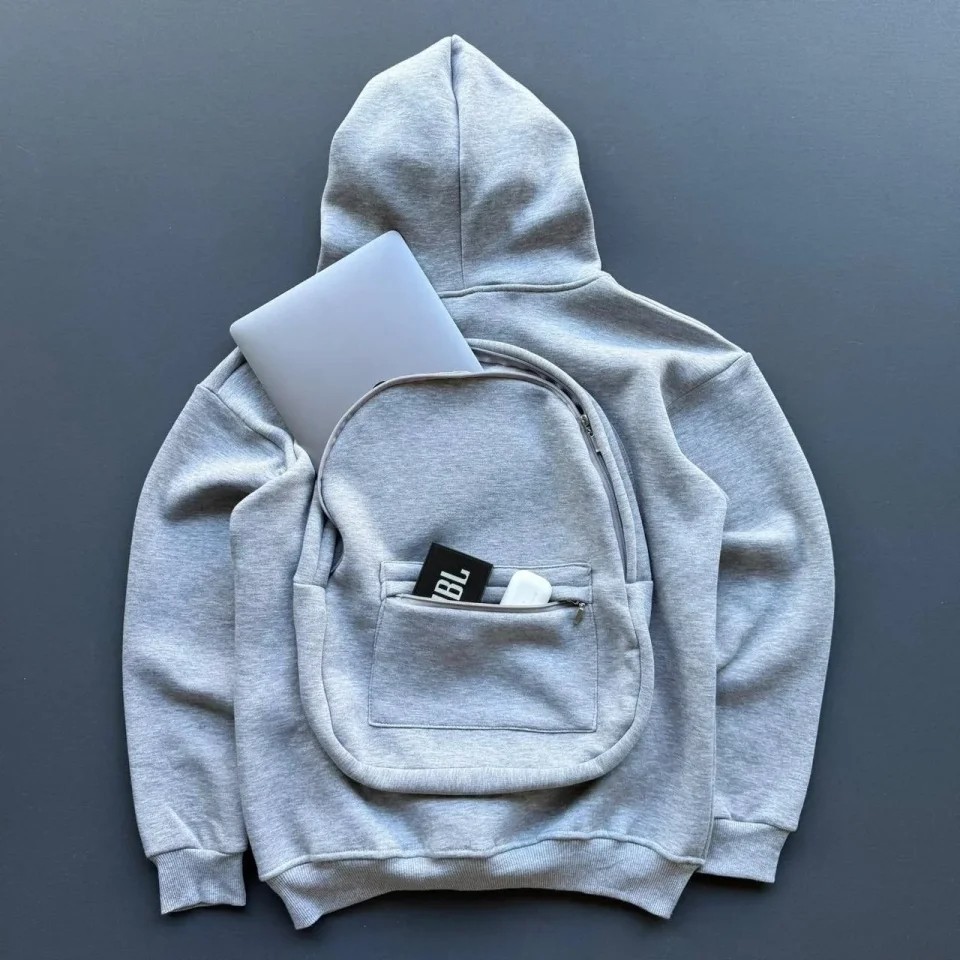 3 Iplik Şardonlu Tam Fermuarlı Kapüşonlu Arka Çanta Detaylı Sweatshirt - Gri görsel 2