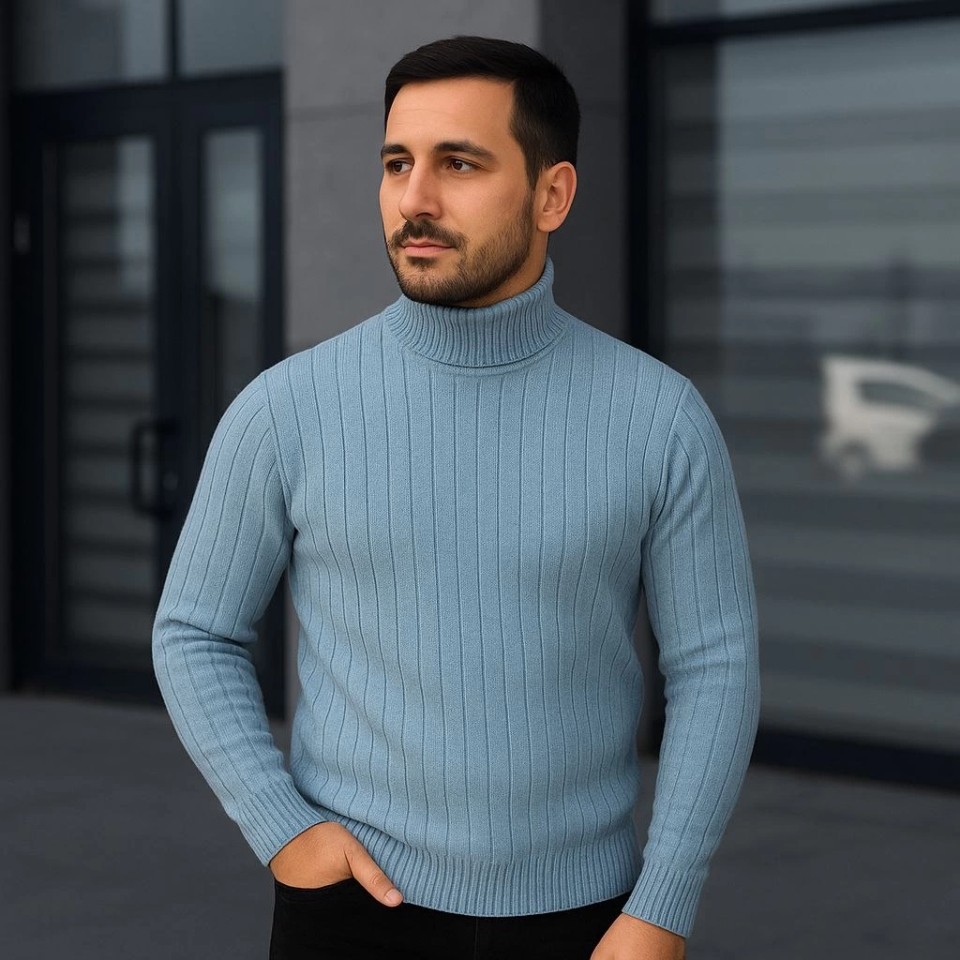 Erkek Balıkcı Yaka Bağazlı Triko Kazak Pamuklu Kalın Fitilli Dokuma, Regular Fit Uzun Kollu Kışlık Model - Bebe Mavisi görsel 3