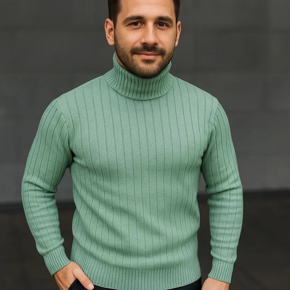 Erkek Balıkcı Yaka Bağazlı Triko Kazak Pamuklu Kalın Fitilli Dokuma, Regular Fit Uzun Kollu Kışlık Model - Mint Yeşili görsel 2