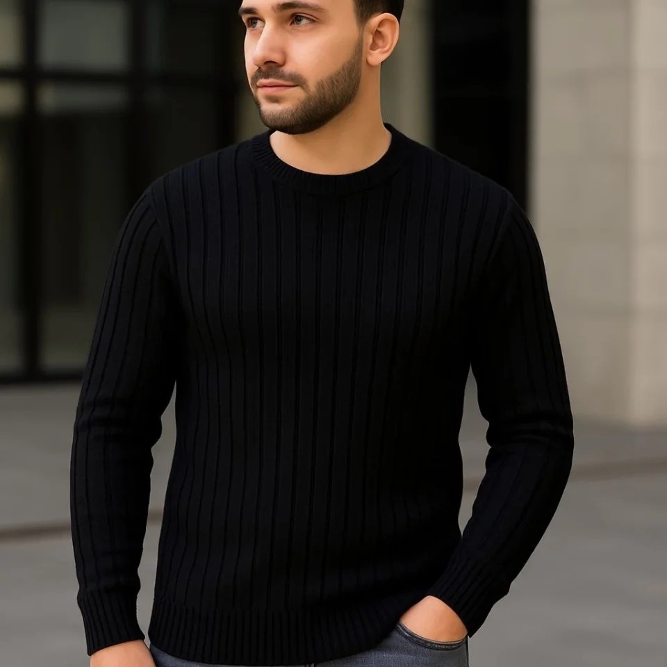 Erkek Bisiklet Yuvarlak Yaka Triko Kazak Pamuklu Kalın Fitilli Dokuma, Regular Fit Uzun Kollu Kışlık Model - Siyah görsel 2