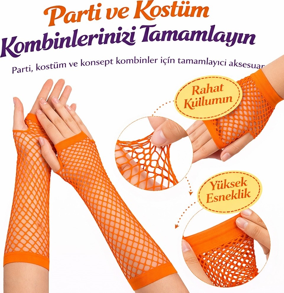 TeknoKapsül 80’ler 90’lar Retro Turuncu File Parmaksız Eldiven 26 cm görsel 2
