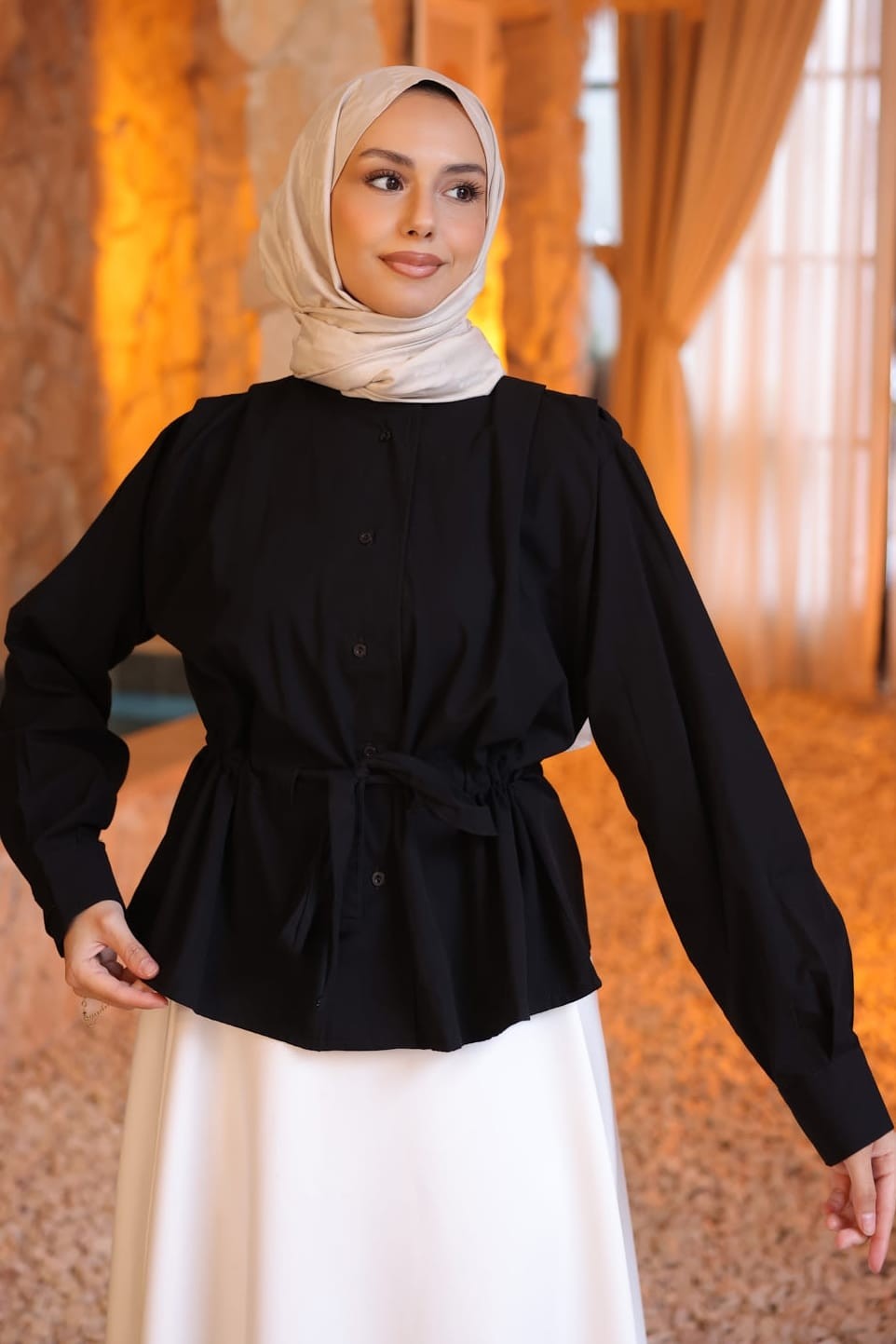 İmaj Butik Lacivert Bel Büzgülü Omzu Pile Detaylı Gömlek görsel 6