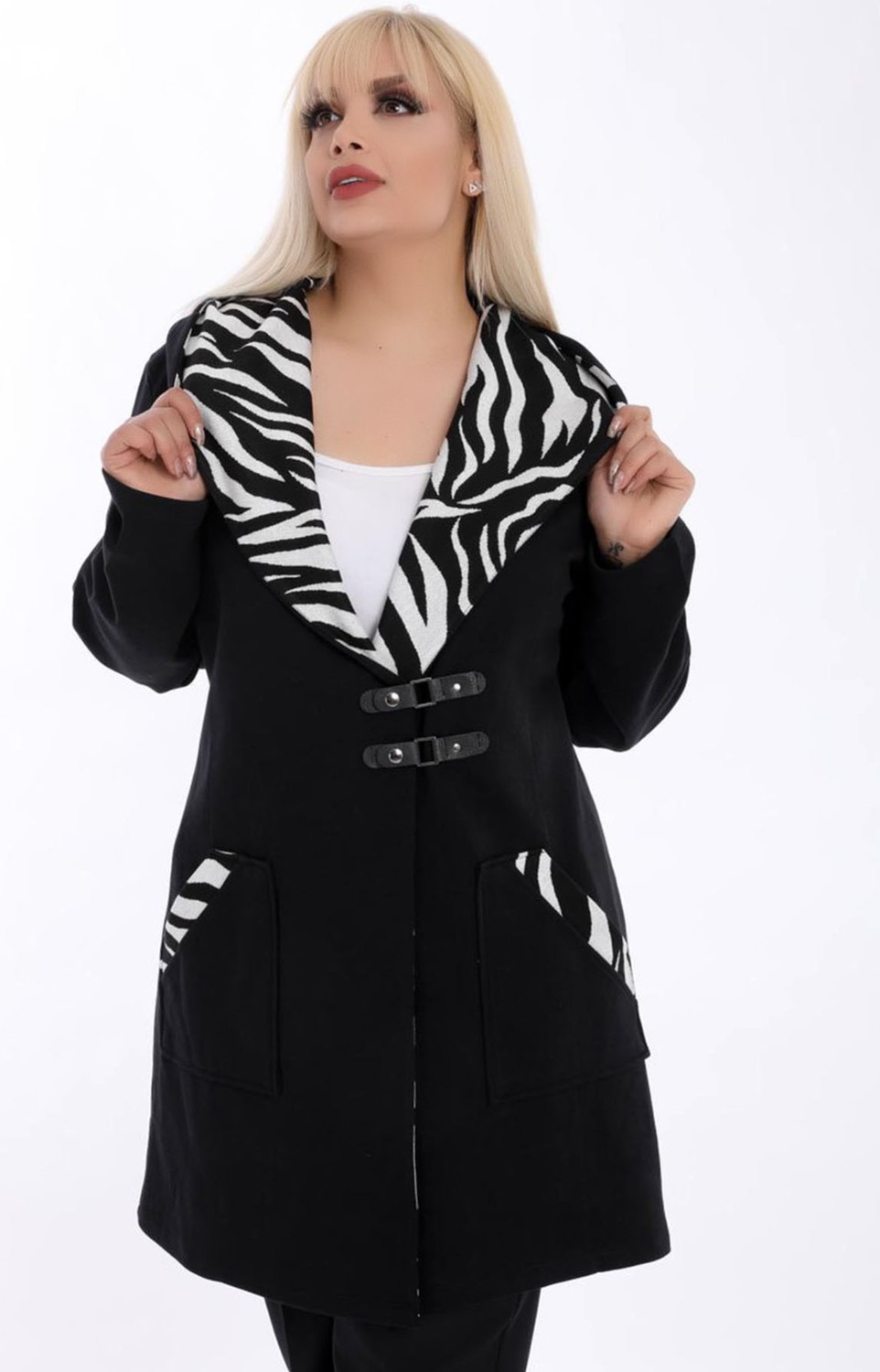 Kheos Kapüşonlu Cepli Zebra Desen Detaylı Uzun Kol Kadın Hırka %95 Pamuk Hava Alabilen Kumaş görsel 4