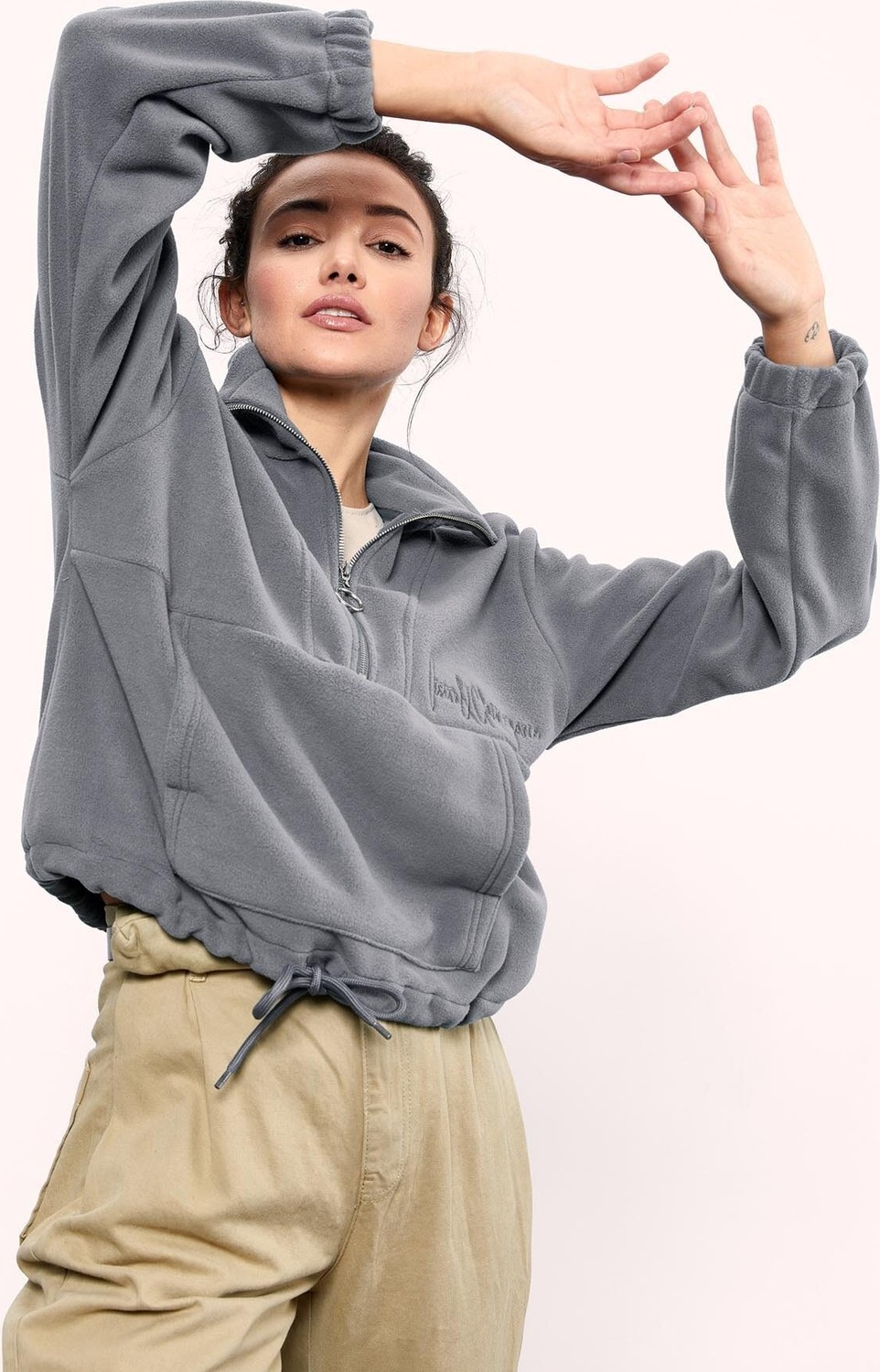 Die Grup Gri Melanj Yarım Fermuar Etek Ucu Büzgülü Kadın Polar Oversize Sweatshirt - 97171 görsel 4