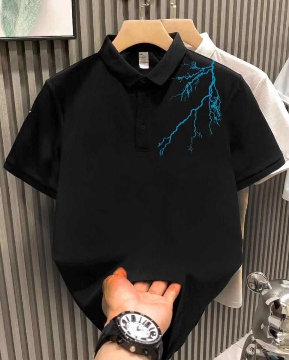 Fantastik Store Erkek Polo Yaka Tişört Düğmeli Yıldırım Baskılı Pike T-Shirt - Siyah