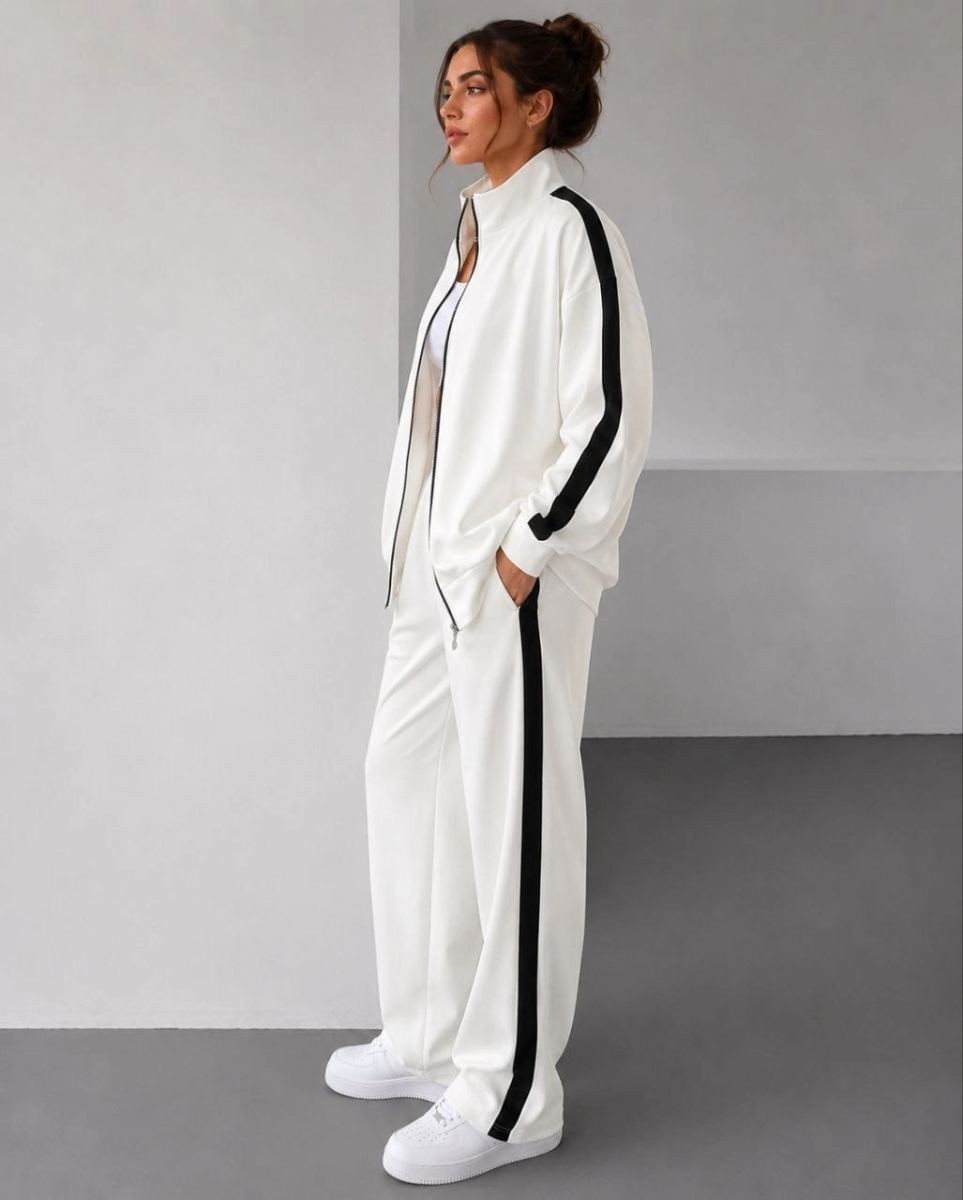 Fantastik Store Kadın Scuba Kumaş Oversize Şerit Detaylı Fermuarlı Alt Üst Eşofman Takımı - Beyaz görsel 6