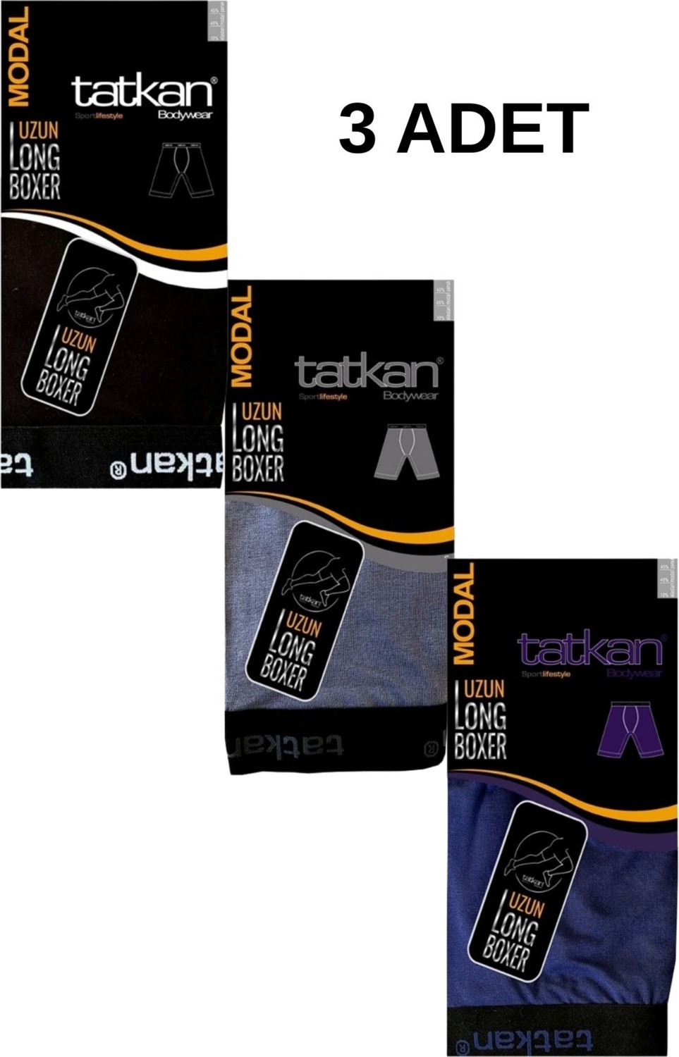 Tatkan Erkek 3'lü Çok Renkli Uzun ( Long ) Penye Modal Boxer Short Abani Classic görsel 3