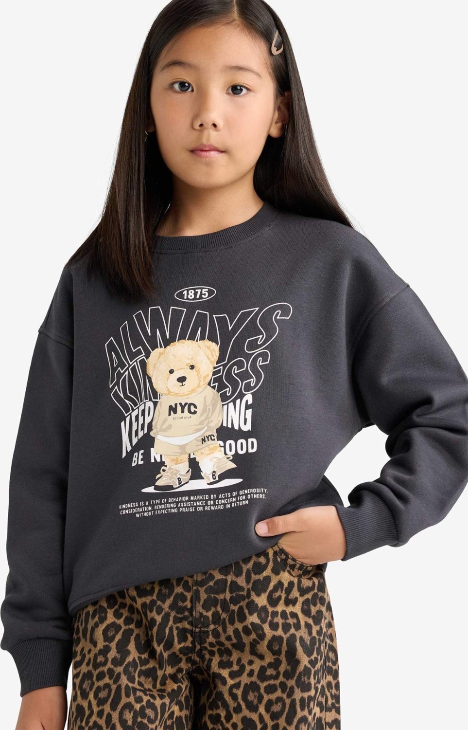DeFacto Relax Fit Bisiklet Yaka Baskılı İçi Yumuşak Tüylü Sweatshirt Kız Çocuk E6780A825WN