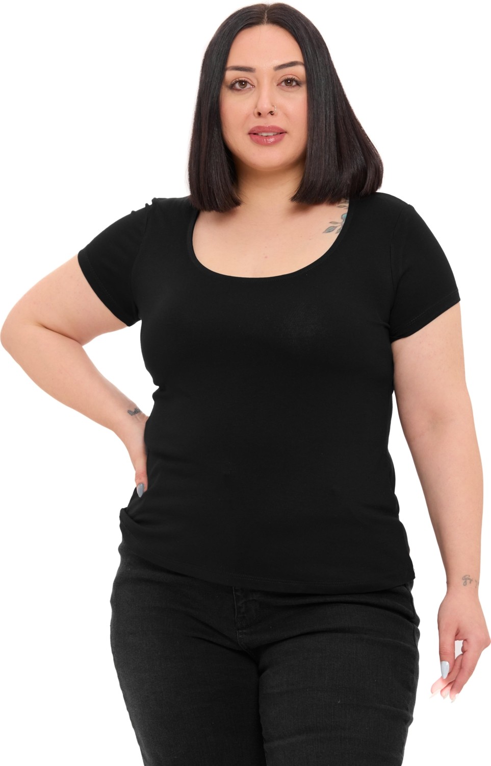 Disentis Modest Büyük Beden Kadın U Yaka Kısa Kollu Siyah Viskon Body Slim Fit Düz Desen