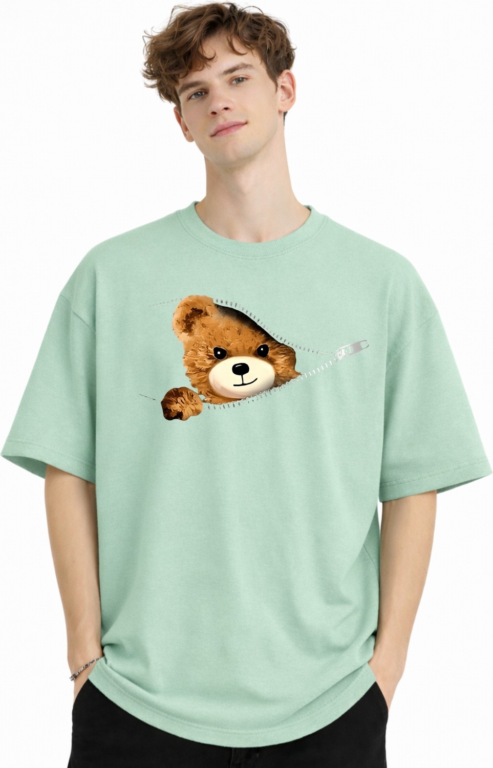 TeknoKapsül Mn - Bear Baskılı Oversize Tişört Su Yesılı görsel 4