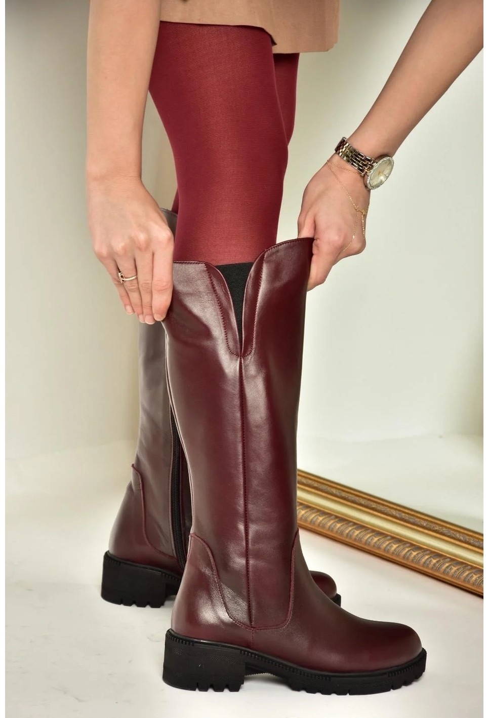Fox Shoes Deri Bordo Kadın Çizme Düz Topuklu Günlük Kullanım İçin Şık Tasarım N654226103 görsel 6