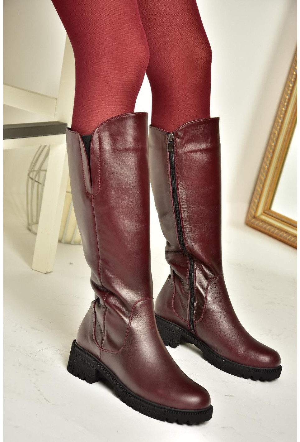 Fox Shoes Deri Bordo Kadın Çizme Düz Topuklu Günlük Kullanım İçin Şık Tasarım N654226103 görsel 7