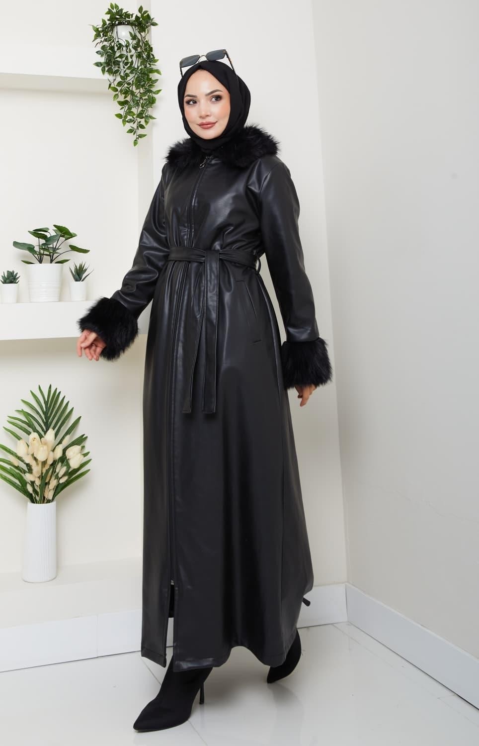 Harma Time Butik Kadın Kürk Detaylı Uzun Astarlı Siyah Kap