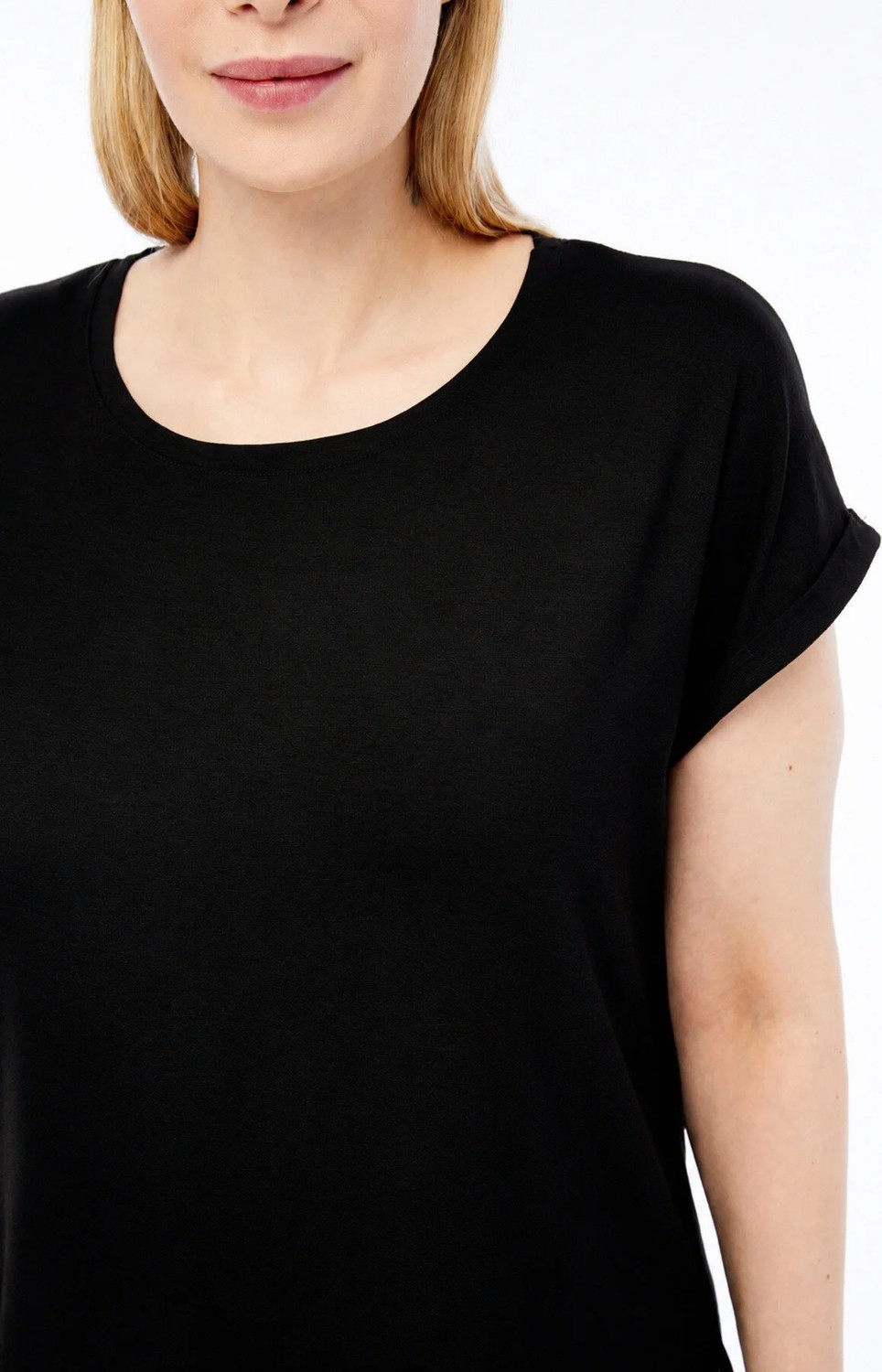 Curvy Trend Büyük Beden Yuvarlak Yaka Manşet Detaylı Kısa Kol Yan Yırtmaçlı Bluz görsel 2