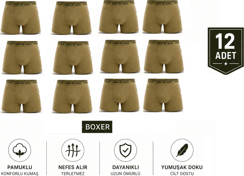 Abani Classic 12’lı Paket Erkek Boxer Külot Asker Iç Çamaşırı - Terletmeyen Nefes Alan Kumaş Haki görsel 5