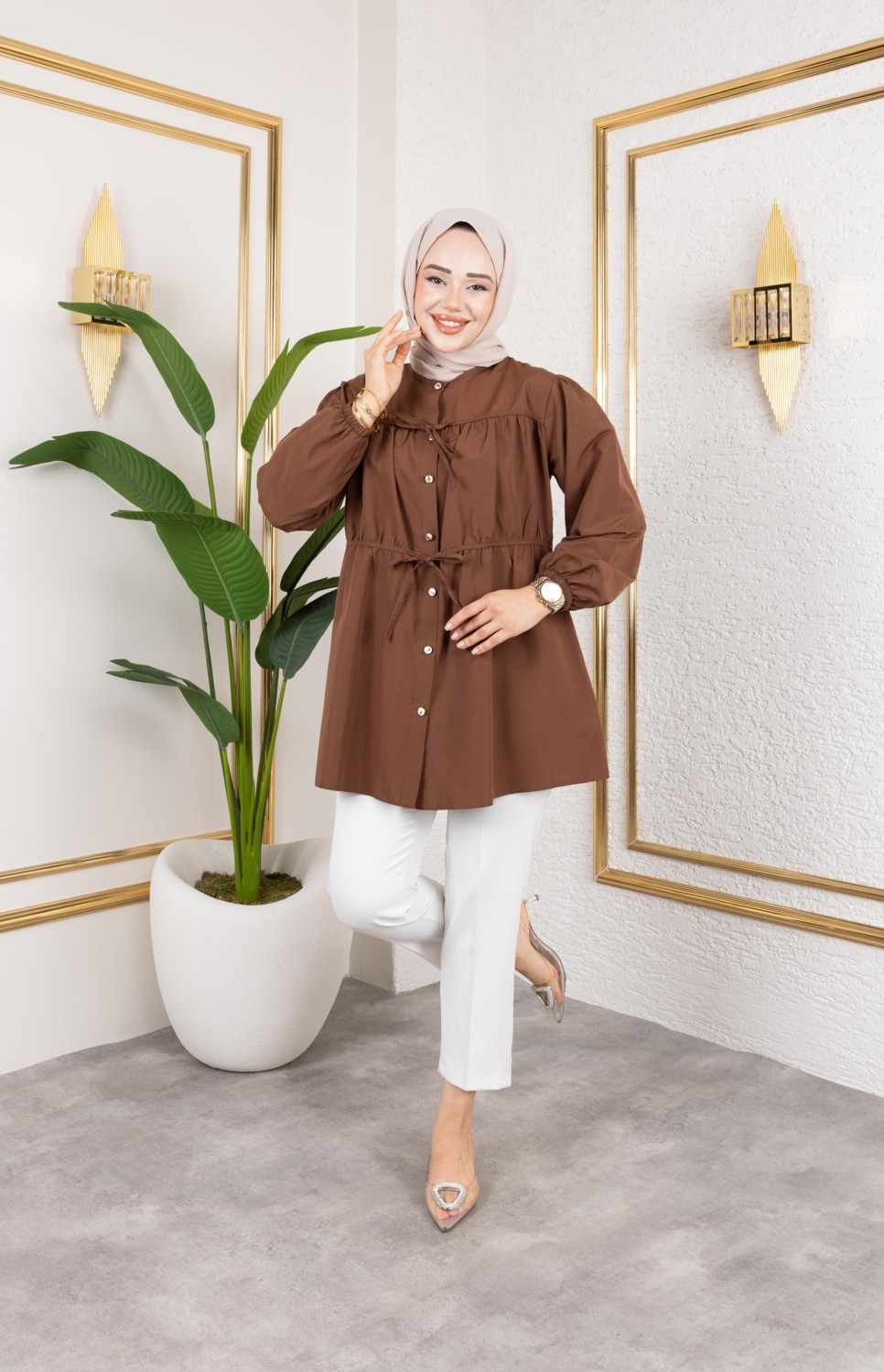 Harma Time Butik Kadın Düğmeli Bağlamalı Kahverengi Gömlek görsel 7