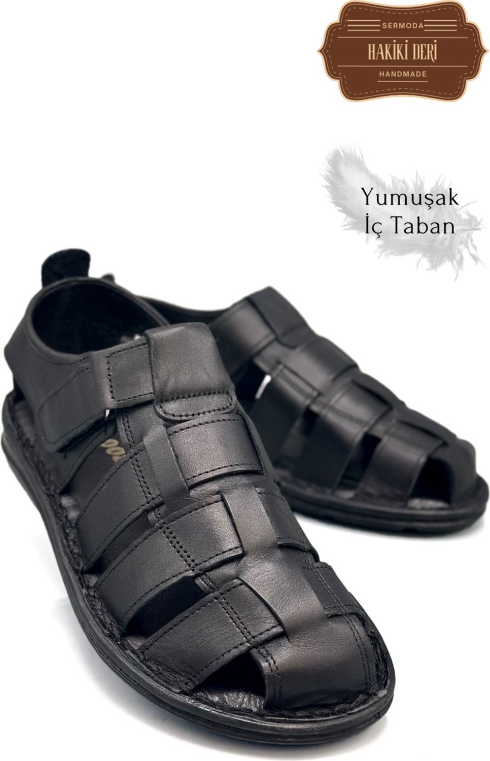 Sermoda Hakiki Deri Burnu Kapalı Erkek Sandalet Siyah görsel 5