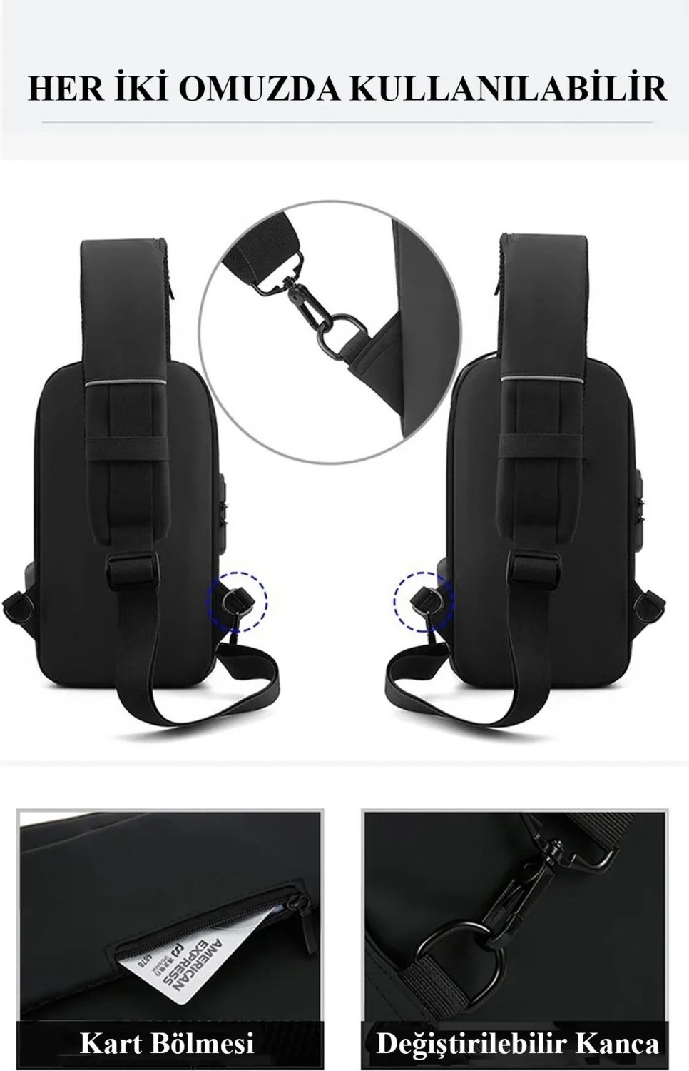 Av A Dos Unisex Siyah USB Çıkışlı Anti Hırsız Kilitli Suya Dayanıklı Çapraz Göğüs Omuz ve Bel Çanta görsel 4