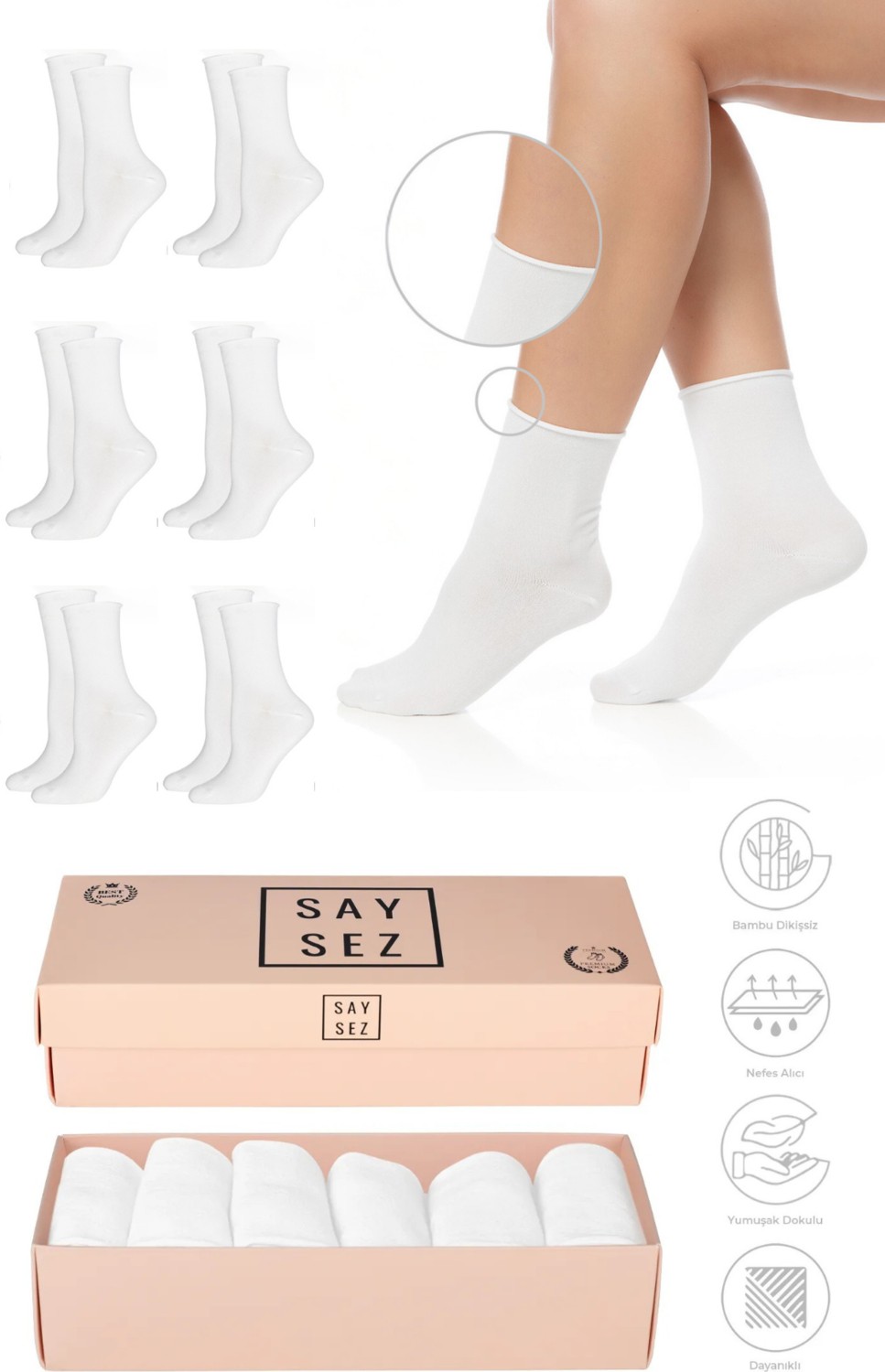 Saysez Bambu Kadın Lastiksiz Beyaz Soket Dikişsiz Premium Çorap Kutulu 6'lı / Iz Bırakmaz / Sıkmayan Çorap