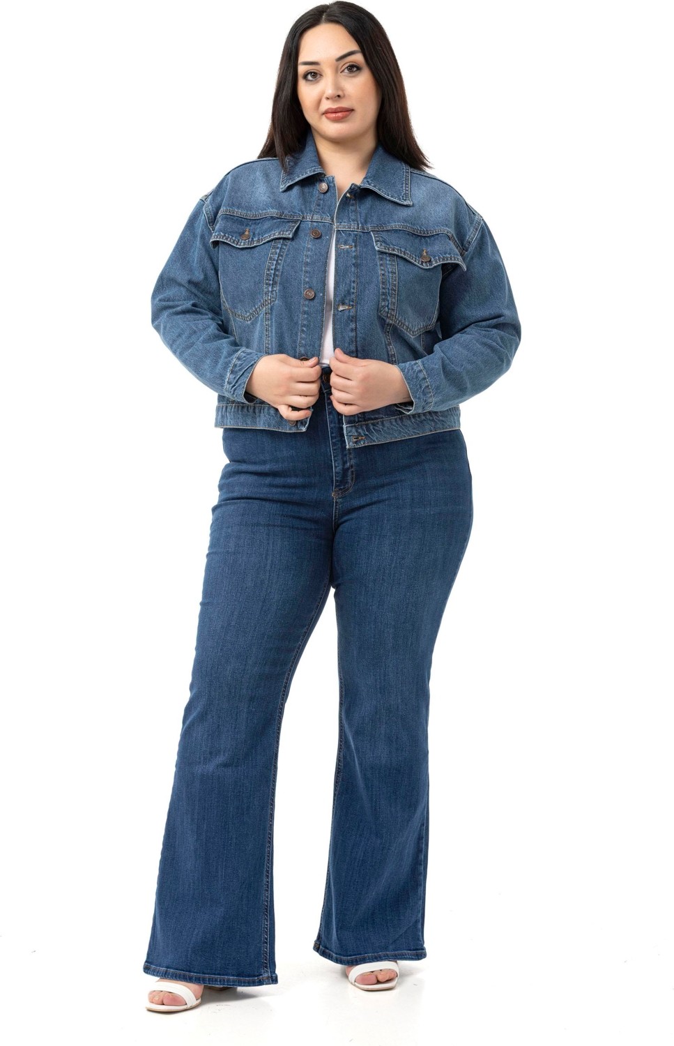 Disentis Modest Büyük Beden Göğüsten Çift Cepli Kısa Mavi Denim Ceket görsel 6