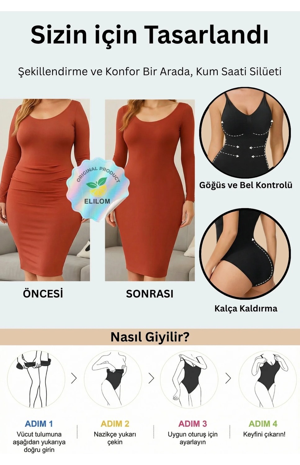 Elilom Kadın Bel Şekillendirici Toparlayıcı Zıbın Korse Ayarlanabilir Askılı Alttan Çıtçıtlı Ten Body görsel 2