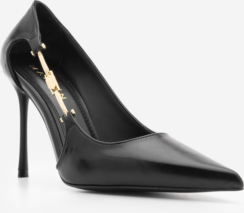 Marjin Kadın Stiletto Sivri Burun Yandan Metal Altın Tokalı Ince Klasik Topuklu Ayakkabı Likose Siyah görsel 8