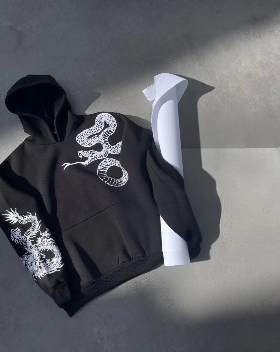 Tarz Yeri Kadın Oversize Kapüşonlu Cepli Baskılı 3 Iplik Pamuklu Hoodie Sweatshirt - Siyah görsel 2