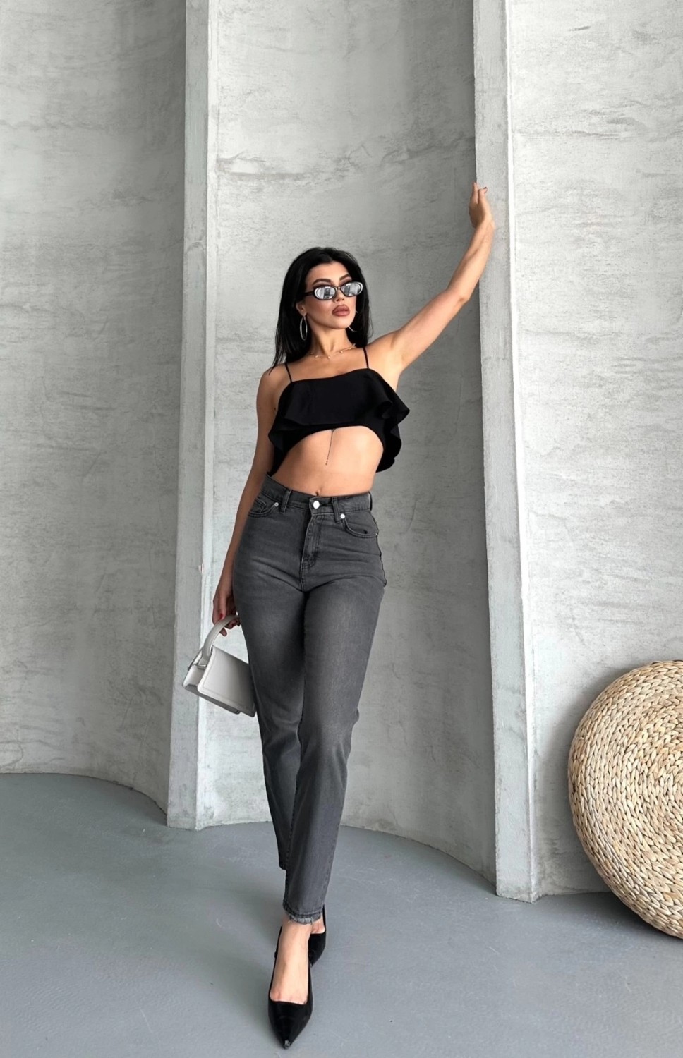 OEY Fashions Mom Fit Enzim Taş Yıkama Jeans Pantolon Füme D2006 görsel 5