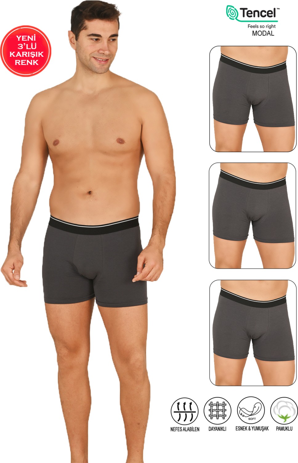 Özkan Underwear Özkan 11256 3'lü Paket Erkek Premium Kumaş Modal Pamuklu Esnek Yumuşak Boxer Şort görsel 6