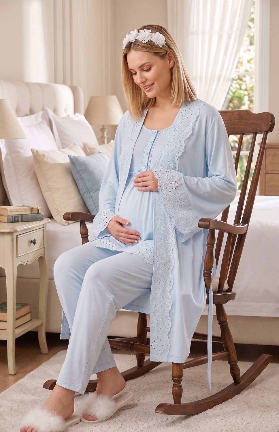 raia Yeni Sezon Ekru Fisto Keten Detaylı Yazlık Tasarım Düğmeli Kısa Kollu Hamile Lohusa Sabahlık Pijama Takımı Seti